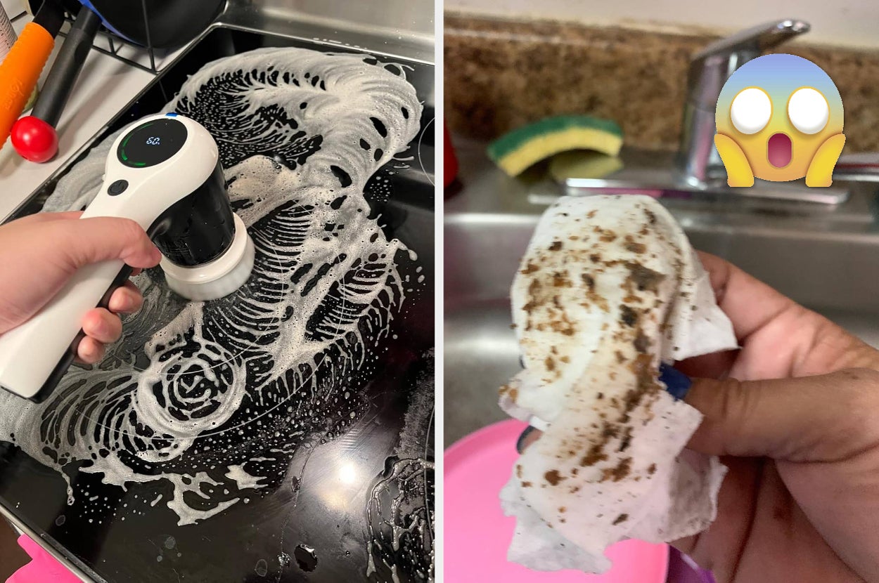 A person cleans a stovetop with a scrub brush, showing soapy suds. Another hand holds a dirty paper towel