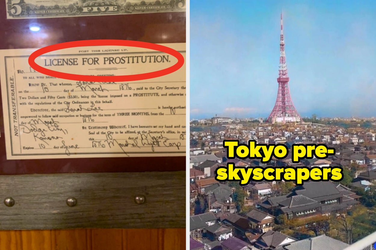 Split image: Left shows a historic "License for Prostitution." Right depicts Tokyo with many low-rise buildings and the Tokyo Tower