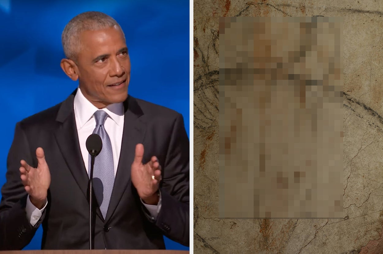 The image shows a person in a suit speaking, and a textured background on the right side
