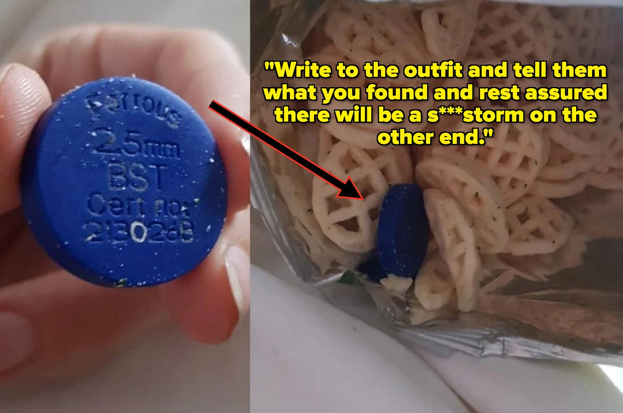 Person holds a blue plastic object labeled 25mm BST in front of opened food package. Overlaid text suggests reporting the finding to the manufacturer