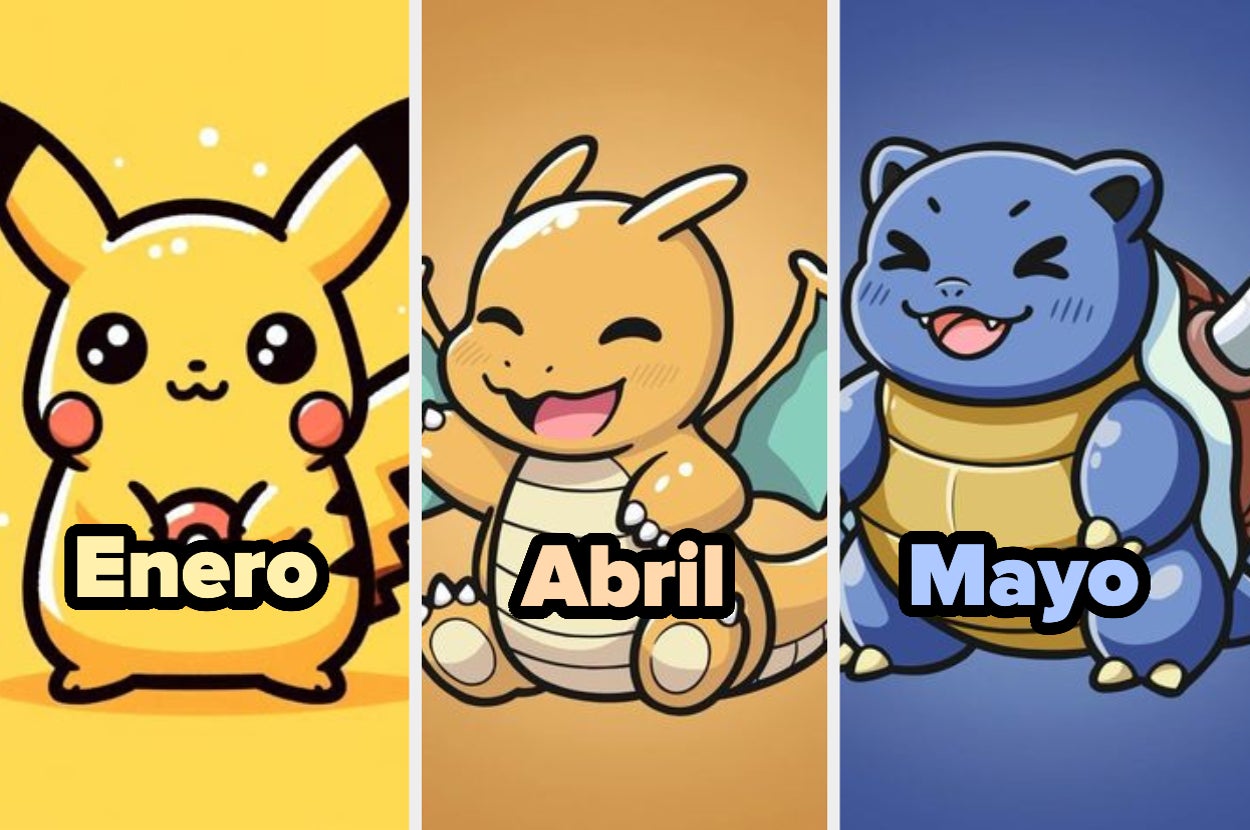 Pikachu para enero, Dragonite para abril, Blastoise para mayo. Personajes de dibujos animados acompañados del nombre de un mes