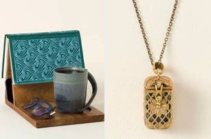 Left: A ceramic mug, glasses, and a book holder with a wave pattern. Right: An ornate gold locket necklace on a chain