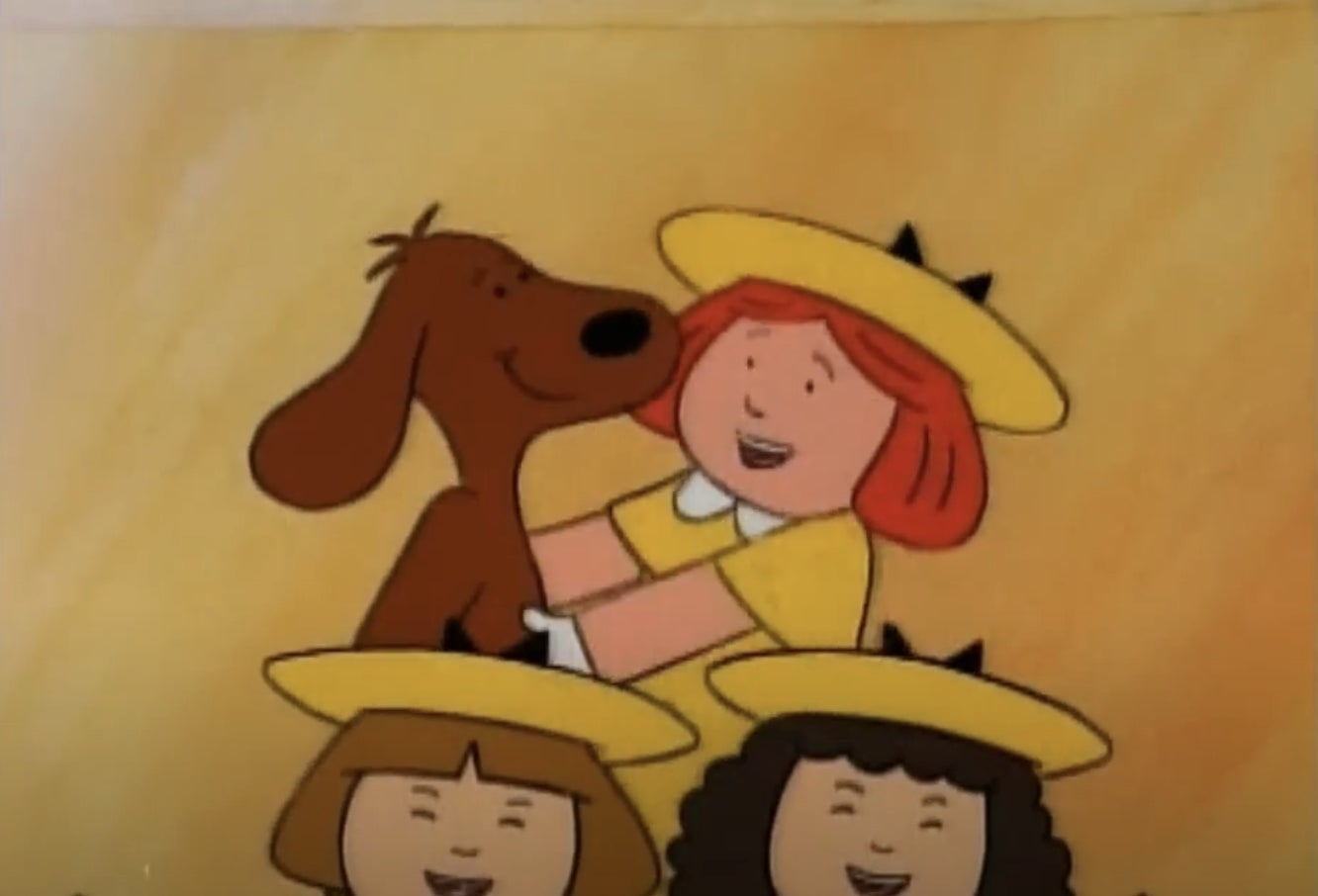 Animated character in a yellow hat hugs a brown dog, smiling. Two other characters in similar hats are smiling below