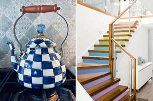 Left: A checkered teapot on a stove. Right: a staircase with colorful step raisers
