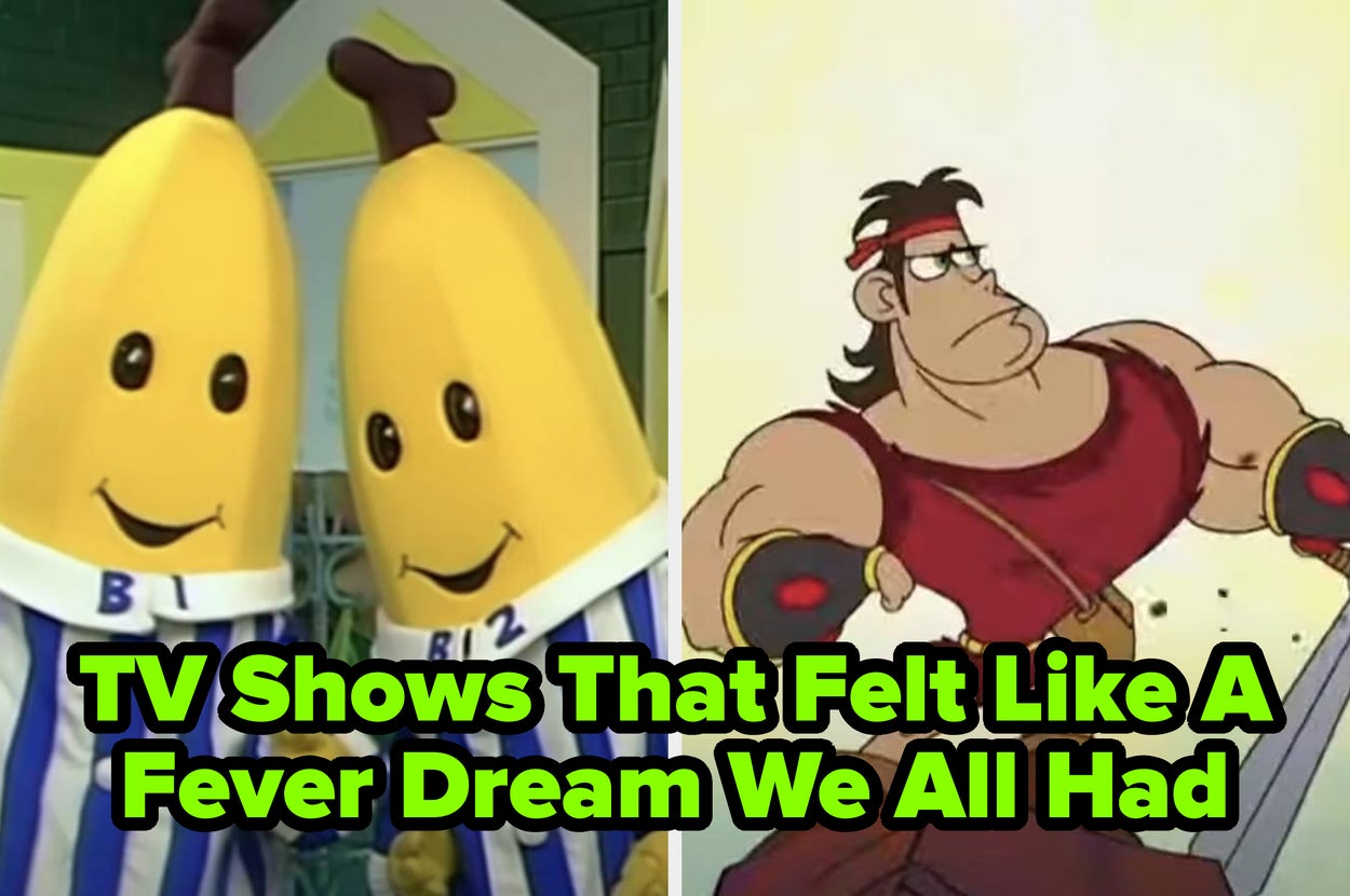 Two people in banana costumes labeled B1 and B2 and a cartoon character beside them wears a red outfit with a headband, striking a heroic pose