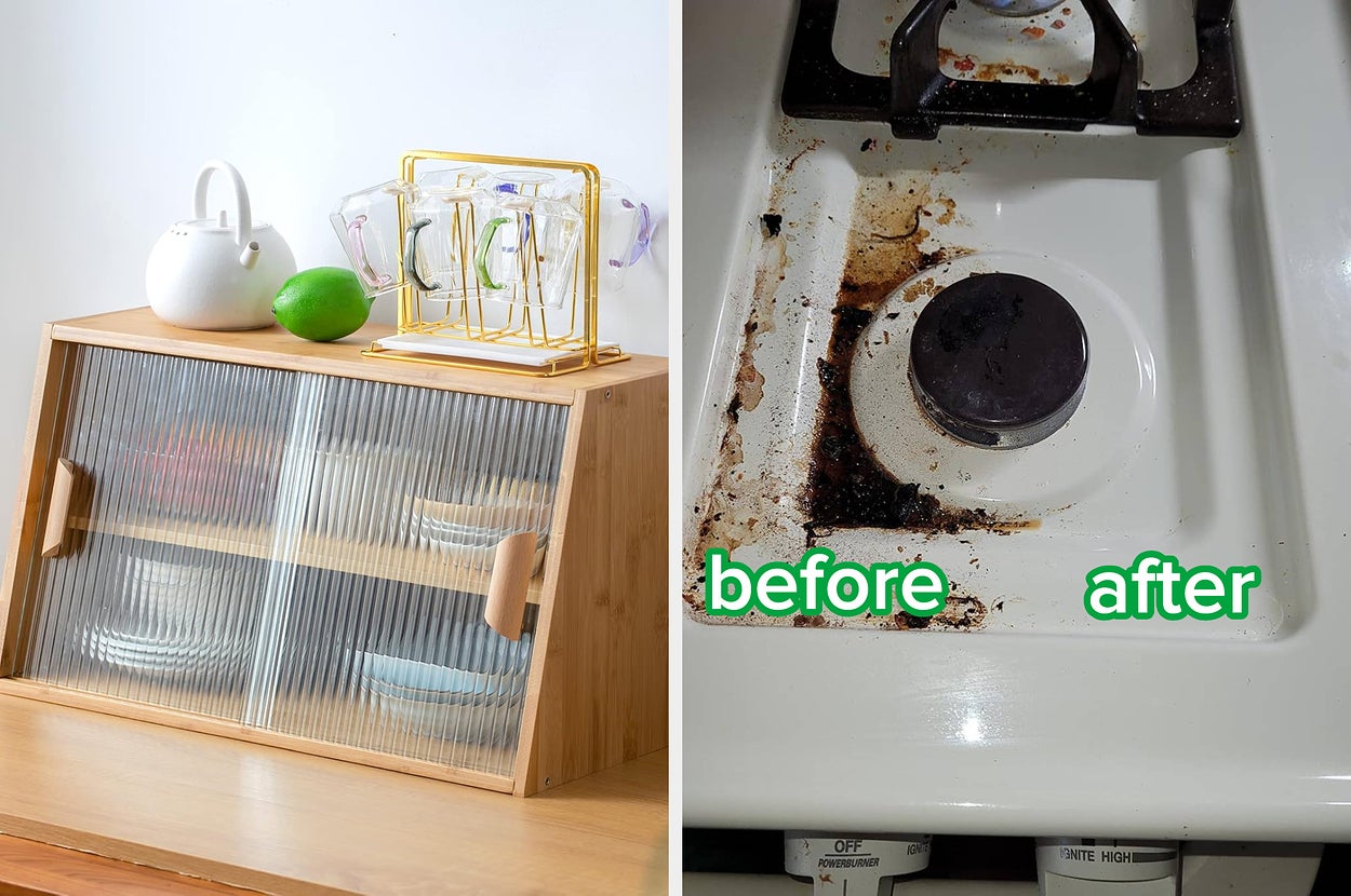 Left: Kitchen shelf with dishes and decor. Right: Stovetop before and after cleaning transformation