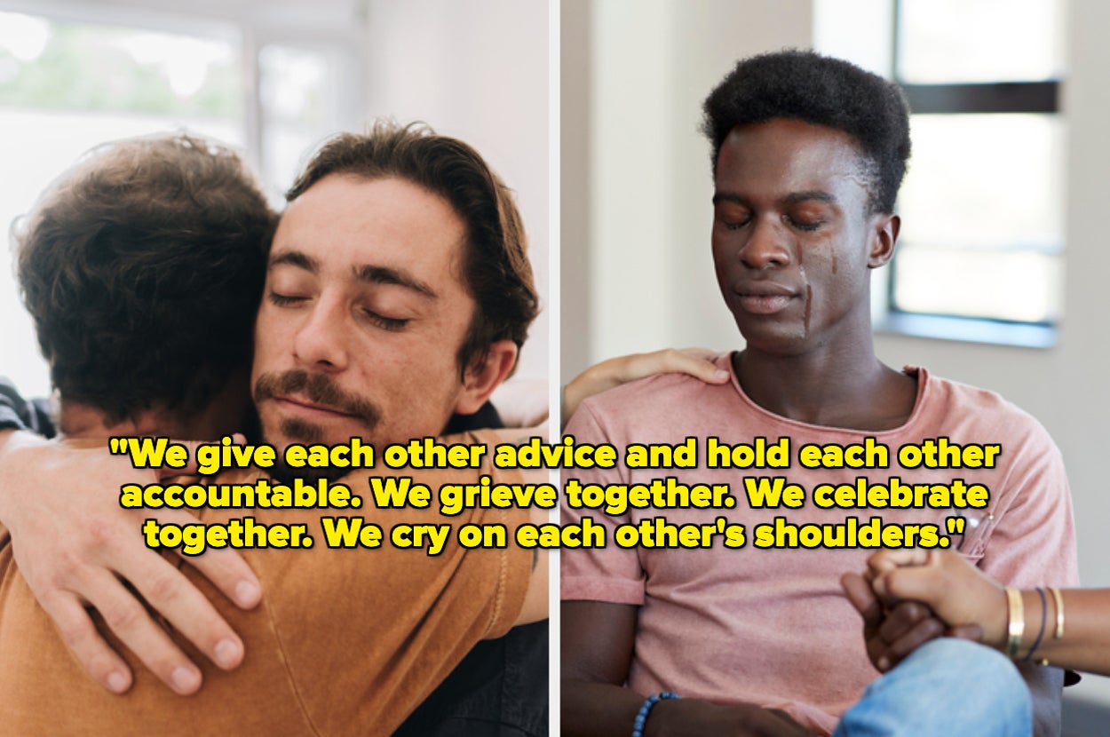 Two images of friends supporting each other. Left: Two men hugging. Right: Man comforts another. Text on both: Quote about mutual support