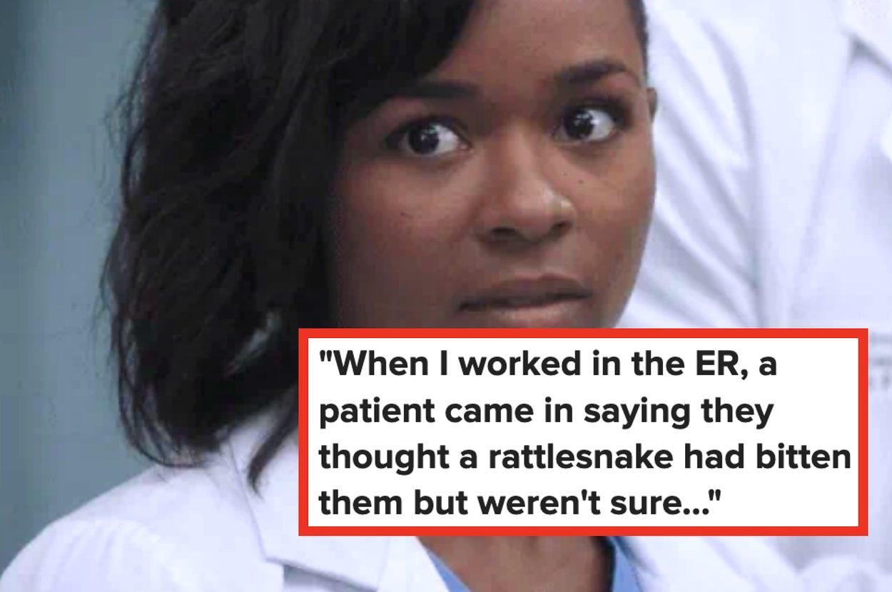 A surprised person next to a snake with an open mouth. Text shares an ER story about a patient with a snake bite and friends bringing in a snake