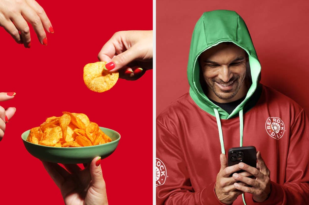 Two photos: Left, hands reaching for crisps in a green bowl. Right, man in a hoodie smiles at his phone