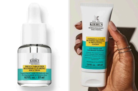 Two skincare products from Kiehl's: a blemish-clearing solution and a blemish-treating lotion, held by hand