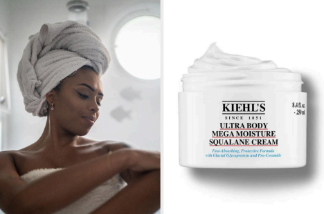 Person with towel-wrapped hair enjoying skincare routine; jar of Kiehl's Ultra Body Mega Moisture Squalane Cream shown