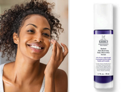 Smiling person applies skincare product; bottle of Kiehl's Retinol Skin-Renewing Daily Micro-Dose Serum shown next to them