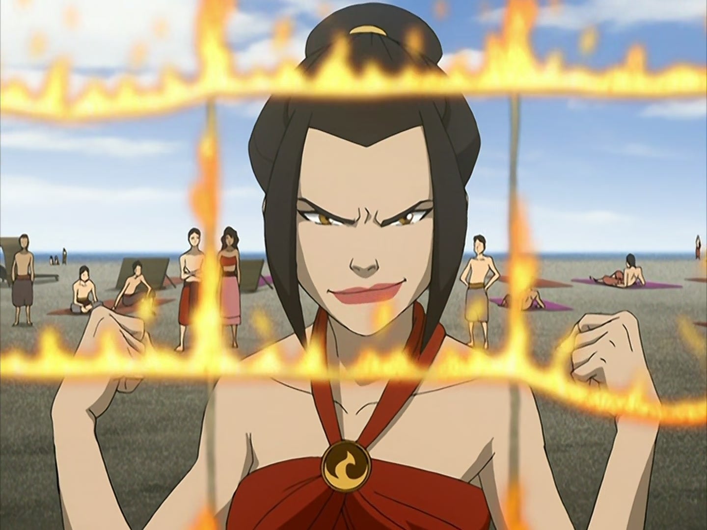  The Last Airbender" smirking while manipulating flames on a beach, with onlookers in the background