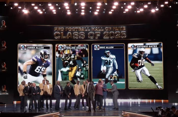 Stage presentation of Pro Football Hall of Fame Class of 2025 inductees: Jared Allen, Sterling Sharpe, Eric Allen, and Antonio Gates with attendees