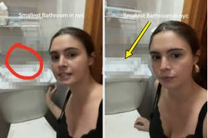 Person showing a small bathroom with a compact toilet setup labeled "Smallest Bathroom in NYC."