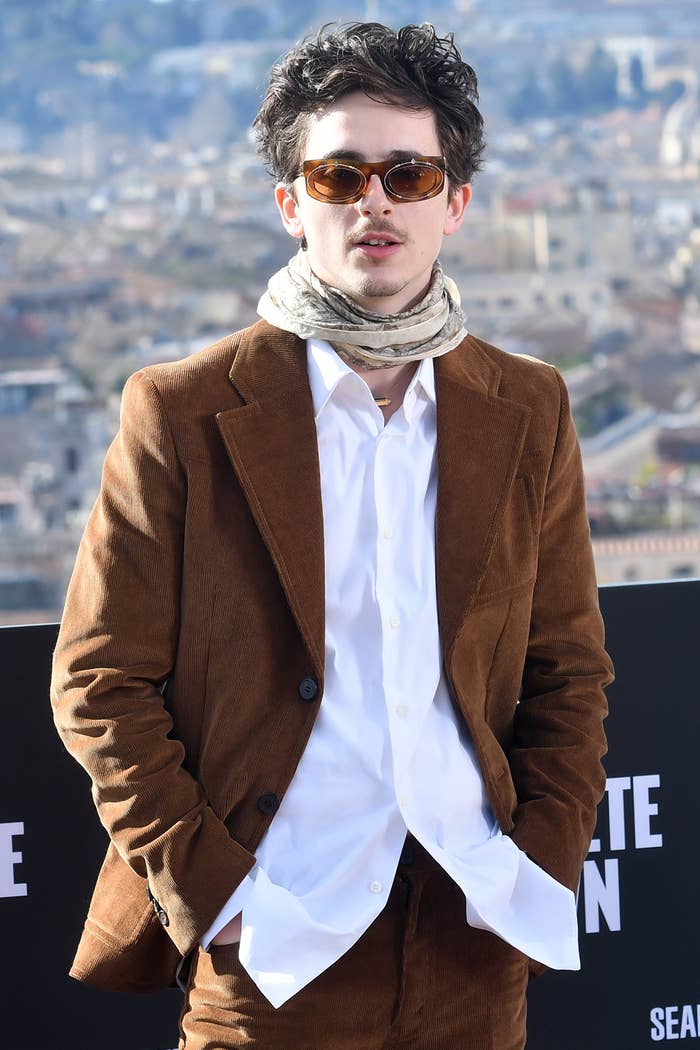 Timothée Chalamet in a brown suit at a photocall for 