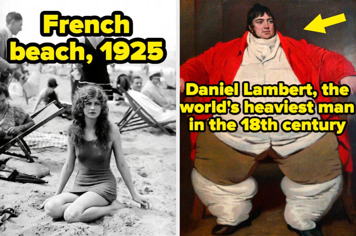 Split image: Left shows a woman on a 1925 French beach; right is a portrait of Daniel Lambert, noted for his size in the 18th century
