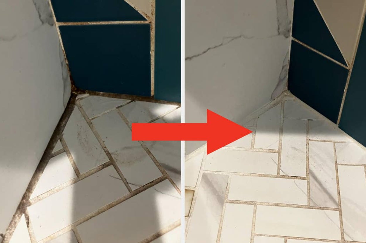 Before and after cleaning tile grout, showing dirty grout on left and clean grout on right with an arrow indicating improvement