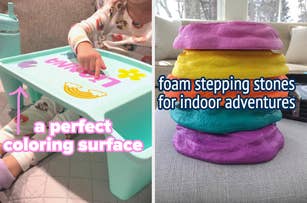 Child uses a tray as a coloring surface; colorful foam stepping stones are labeled for indoor adventure
