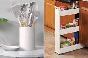 Kitchen tool set in a holder next to collapsible storage rack with pantry items on kitchen floor. Ideal for organizing small spaces