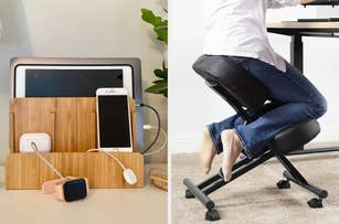 On left, a bamboo charging station with gadgets; on right, a person seated on a kneeling chair at a desk