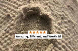 Close-up of reviewer's dirty air purifier filter with a 5-star review stating, "Amazing, Efficient, and Worth It!"