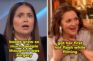 Two images of a woman seated indoors, wearing large hoop earrings, smiling, with text: "I am so hot, I think I'm having one of my first perimenopause hot flashes!"