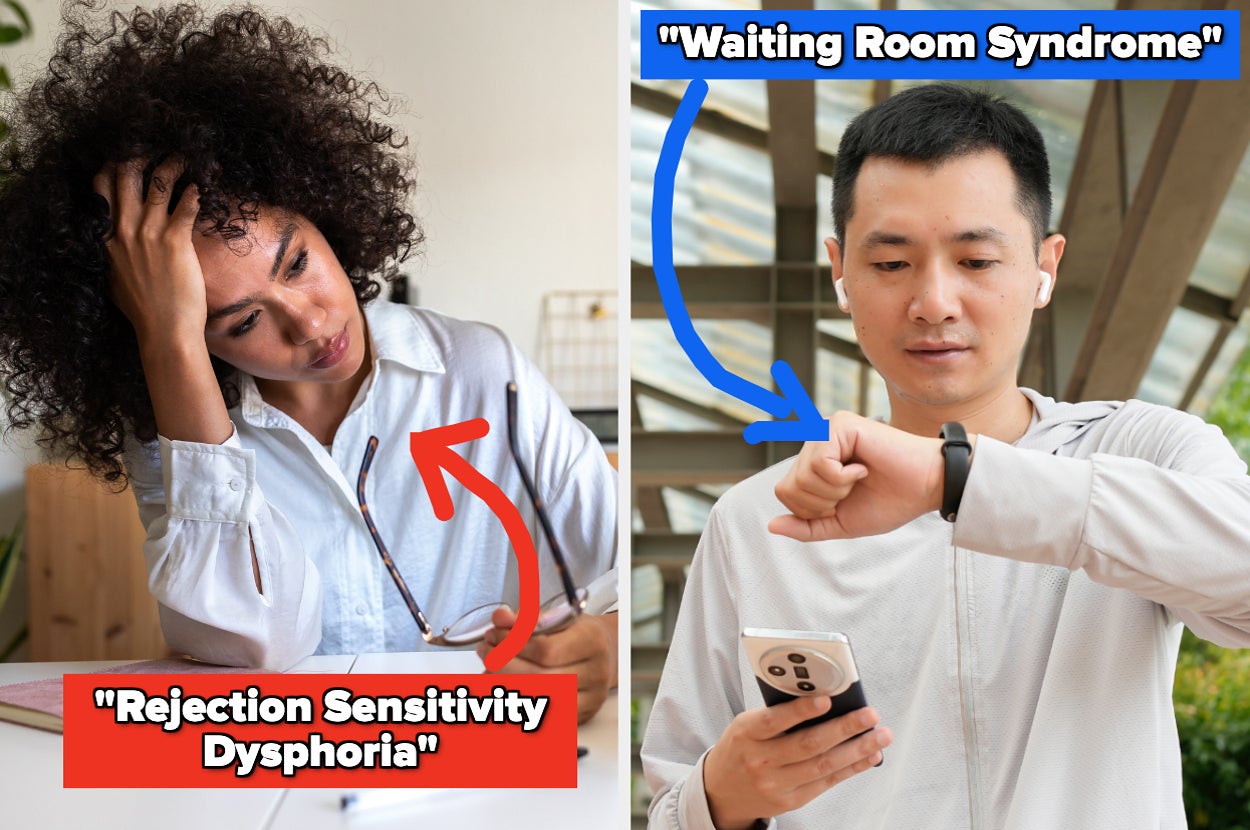 Two labeled images: a person looking distressed on the left and another checking their watch on the right. Terms: "Rejection Sensitivity Dysphoria," "Waiting Room Syndrome."