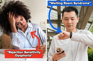 Two labeled images: a person looking distressed on the left and another checking their watch on the right. Terms: "Rejection Sensitivity Dysphoria," "Waiting Room Syndrome."