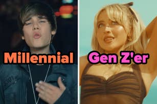 On the left, Justin Bieber in the Baby music video labeled Millennial, and on the right, Sabrina Carpenter in the Espresso music video labeled Gen Z'er