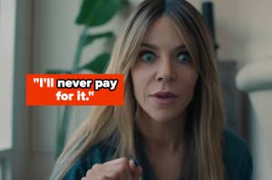 Woman with long hair looking intently, holding fist up. Text reads, "I'll never pay for it."