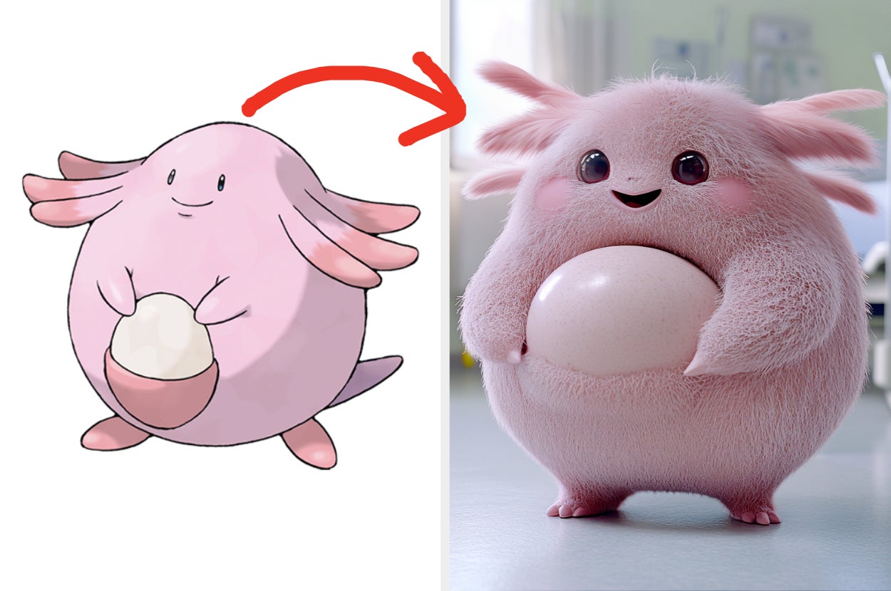 Comparison of a cartoon pink, egg-holding Chansey next to a realistic, fluffy version of the same character