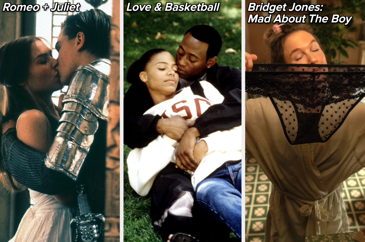 "Romeo + Juliet," "Love & Basketball," and "Bridget Jones: Mad About the Boy" scenes showing romantic moments from each film