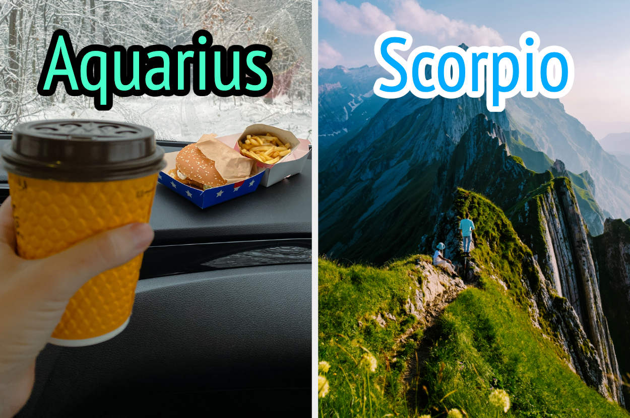 On the left, someone holding a to-go coffee cup as they drive with a burger and fries on the dashboard labeled Aquarius, and on the right, people hiking up a mountain labeled Scorpio