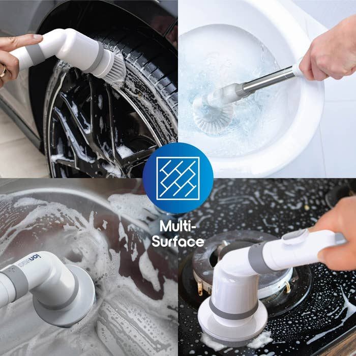 Collage of a versatile cleaning brushwood utilized connected a car wheel, toilet, sink, and stovetop for multi-surface cleaning