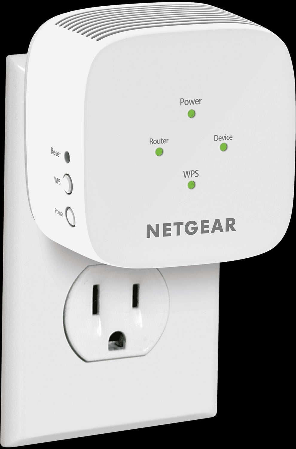 Netgear WiFi range extender plugged into a wall outlet, showing power, router, and device status lights