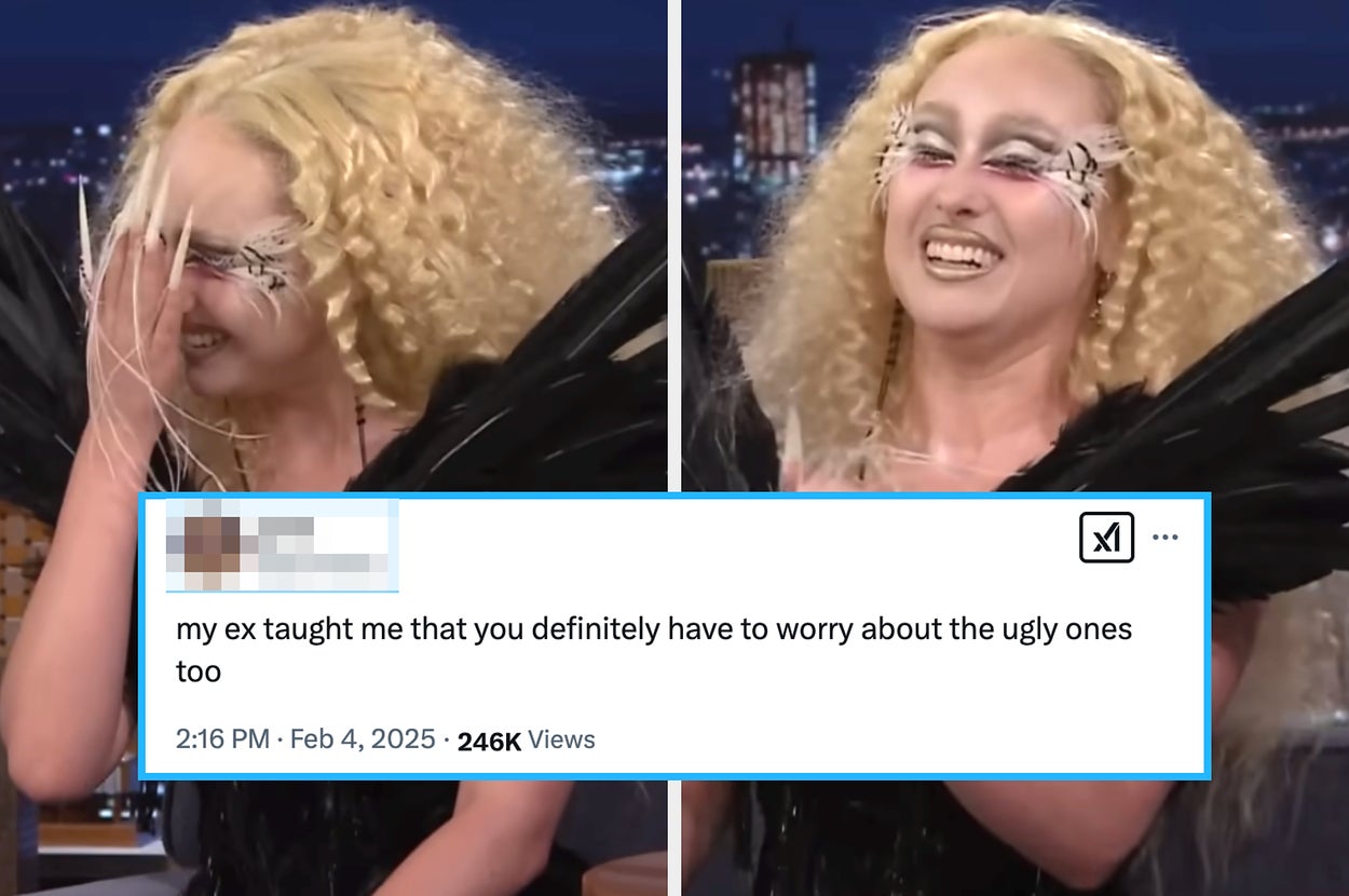 Person with curly hair in unique winged outfit, smiling and covering face. Tweet reads: "My ex taught me that you definitely have to worry about the ugly ones too."