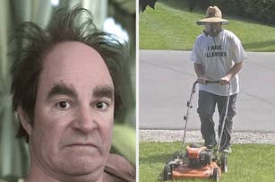 On left, a man with disheveled hair looks concerned. On right, a person mowing the lawn wears a face mask and a shirt saying "I HAVE ALLERGIES."