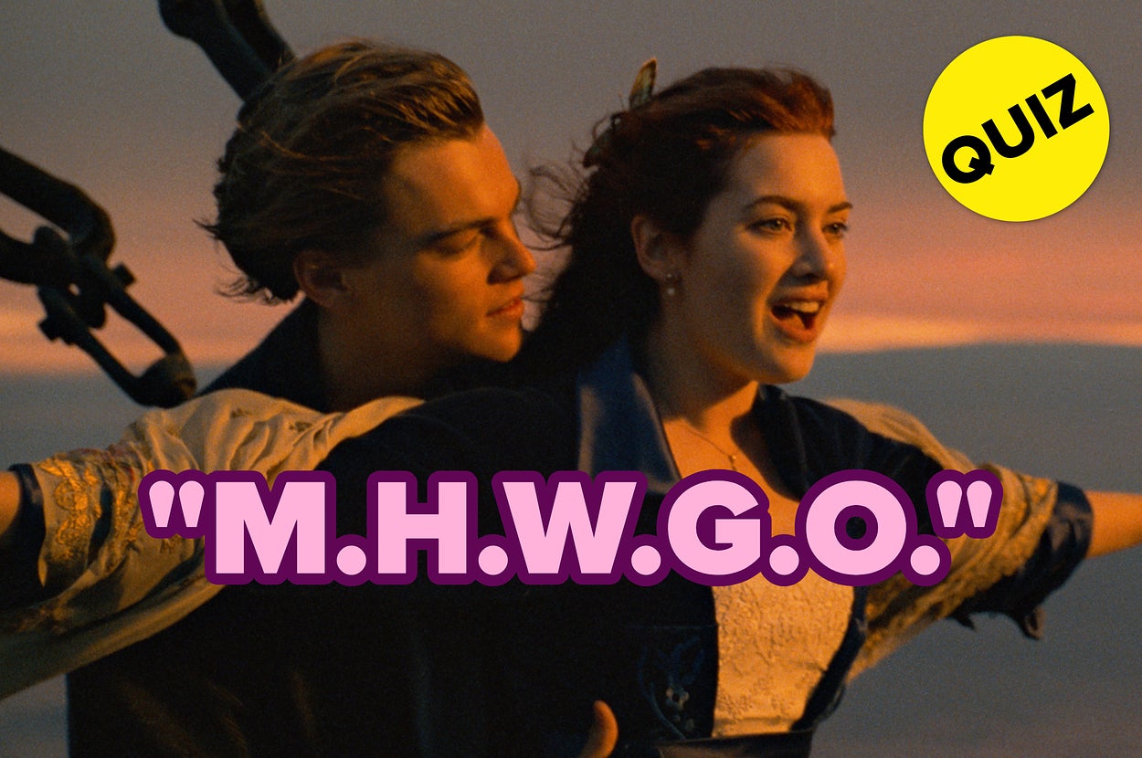 Jack and Rose from "Titanic" on a ship's bow, breeze in hair, with "M.H.W.G.O" text overlay and a "QUIZ" button in the corner