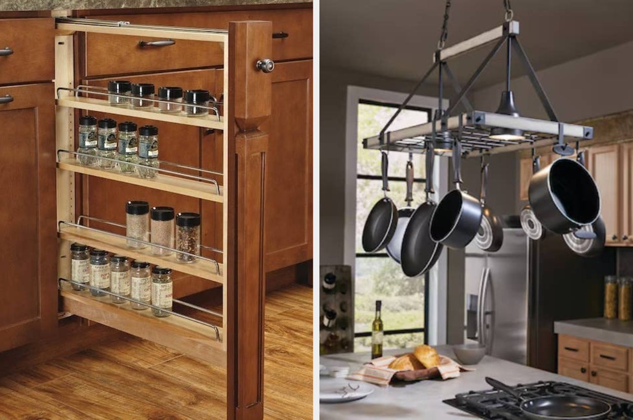 Pull-out spice rack cabinet and hanging pot rack over kitchen island, showcasing efficient kitchen storage and organization solutions