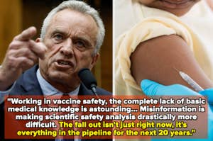 Person speaking at a microphone and a close-up of a child receiving a vaccine. Text discusses challenges in scientific safety due to misinformation