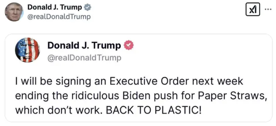 Tweet claiming that an Executive Order will end the push for paper straws and return to plastic
