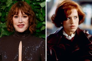 Split image of Molly Ringwald then vs. now featuring photos of her on the red carpet and in 