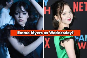 Split image of Jenna Ortega as Wednesday and Emma Myers on the red carpet. Text: "Emma Myers as Wednesday?"