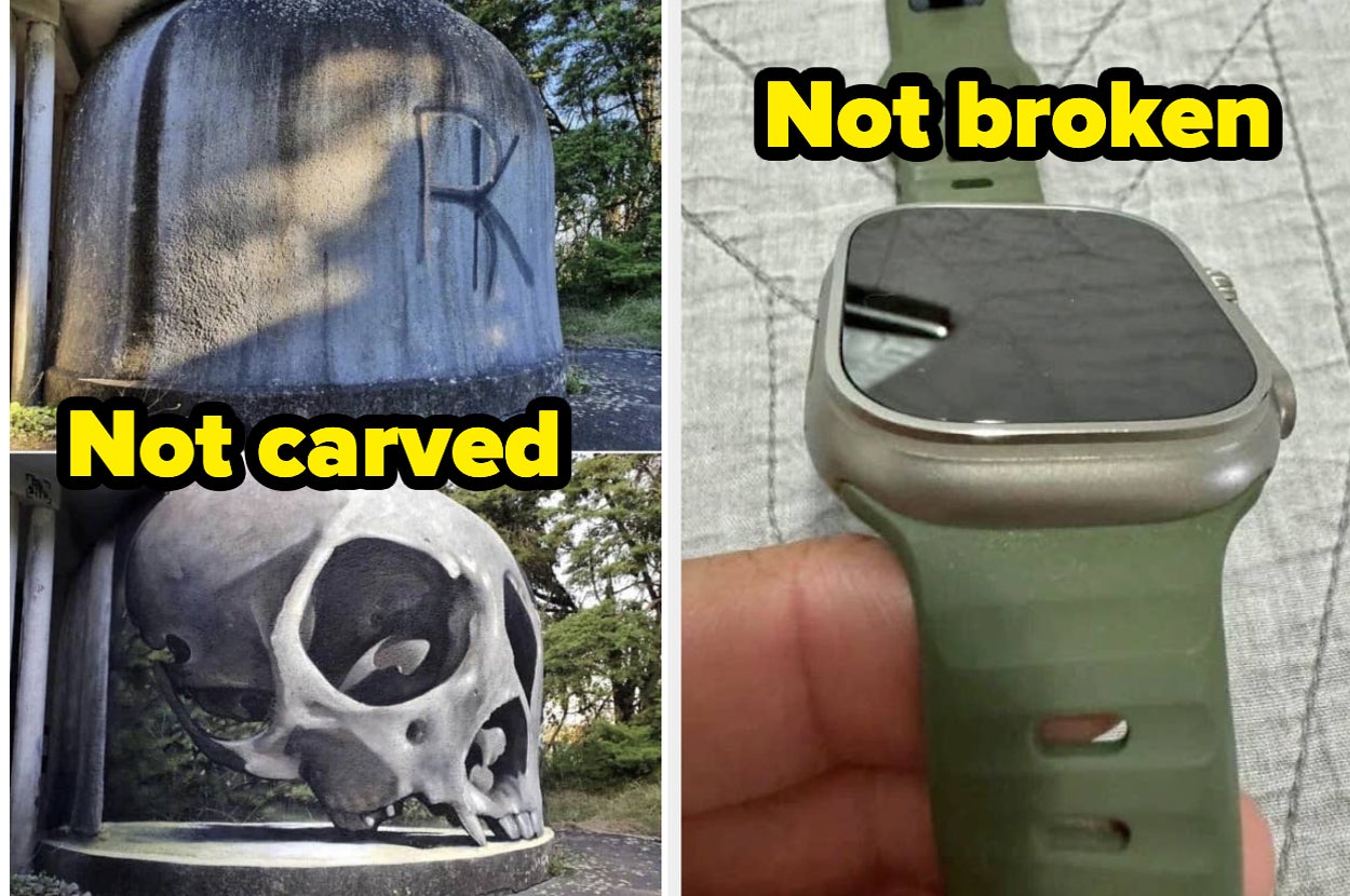 Left: A smooth, skull-shaped rock. Right: A hand holds a smartwatch with an unworn screen protector. Text says "Not carved" and "Not broken."