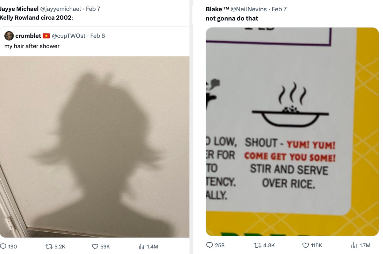 a shadow of hair resembling 2002 style vs a food label that says "SHOUT - YUM! YUM! COME GET YOU SOME!"