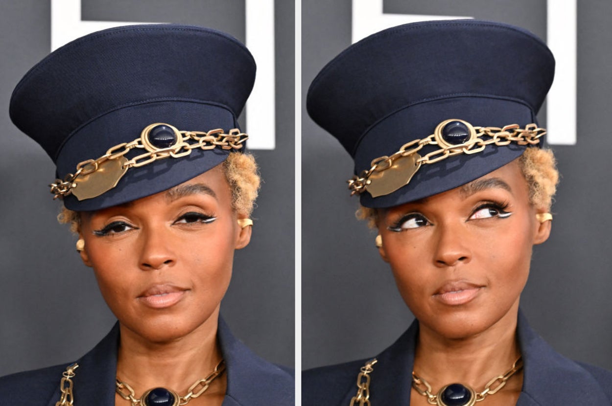 Person wearing a unique hat with chain detail and stylish attire, posing with different expressions on a red carpet