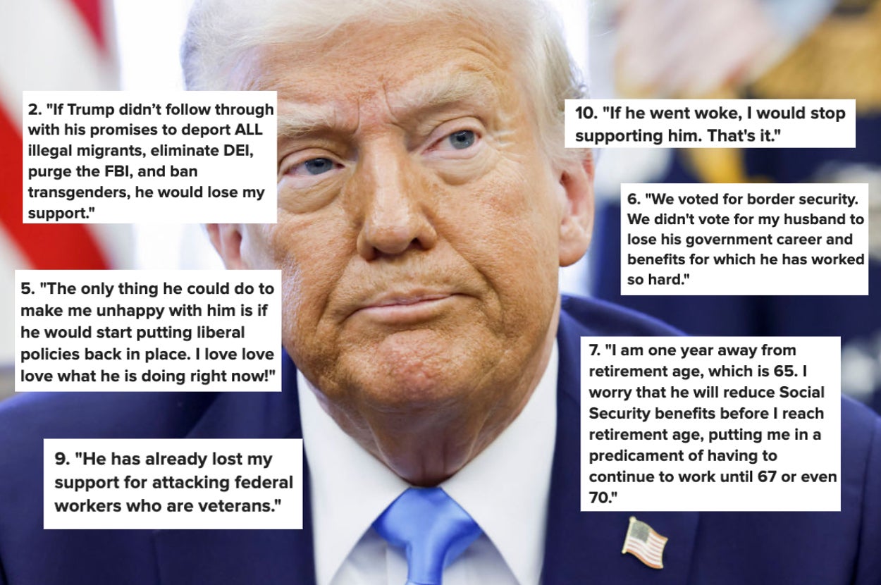 Image of a trump surrounded by quotes expressing political opinions on support, policies, and retirement concerns