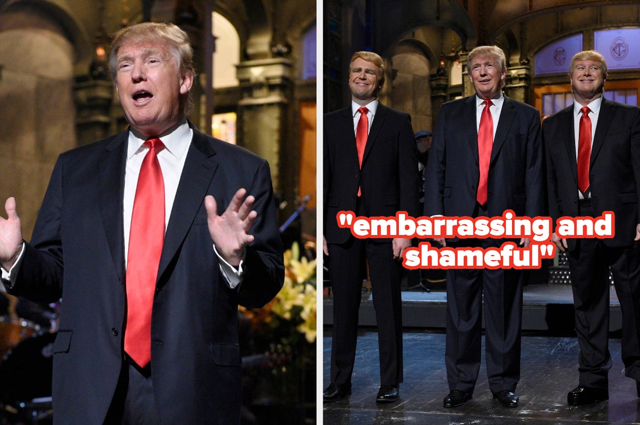 Three men in suits and red ties stand on stage; text overlay reads "embarrassing and shameful."