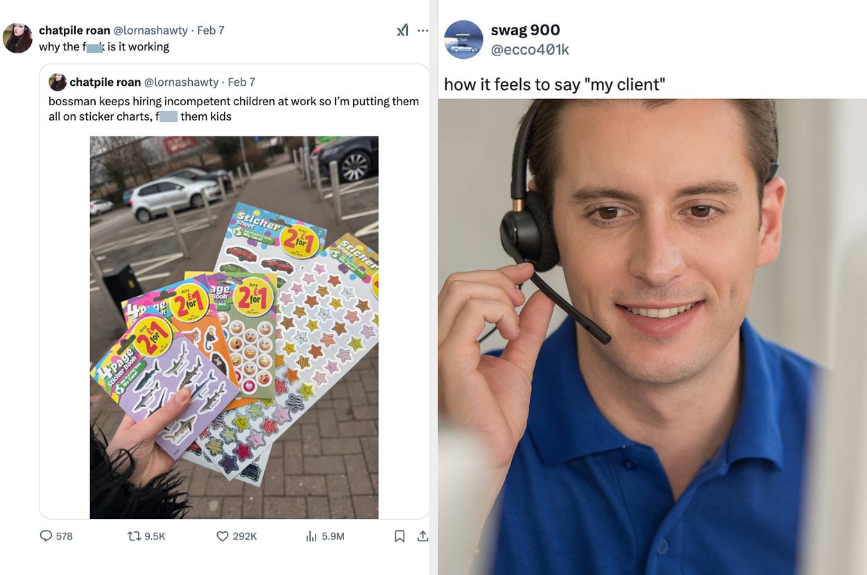 Tweet with stickers, complaints about boss hiring practices vs a person with headset